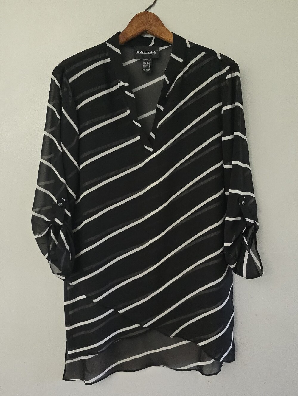 Frank Lyman Design Womens 8 Black White Stripes Sheer Asymmetrical Tunic Top